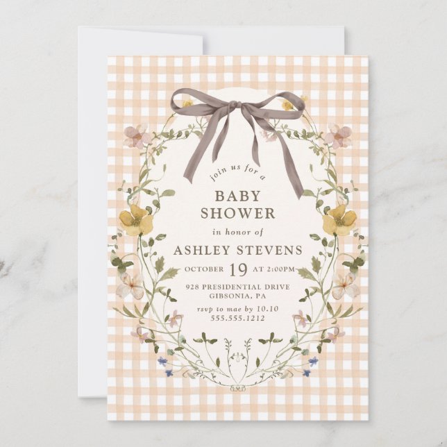 Invitation En vichy Chaud Chute Baby shower floral neutre (Devant)