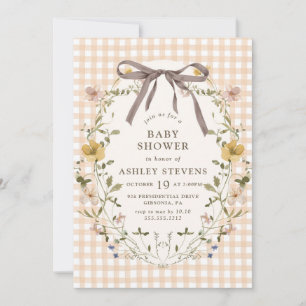Invitation En vichy Chaud Chute Baby shower floral neutre