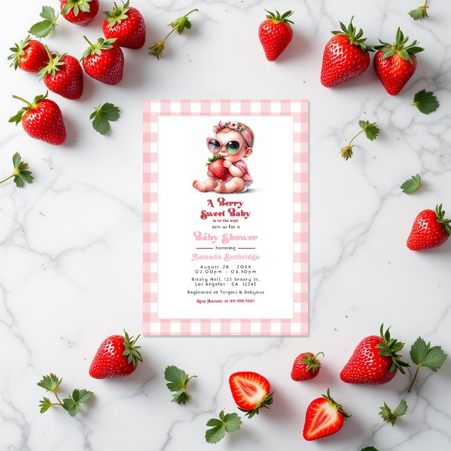 Invitation en vichy et fraises Berry Baby shower sucré (Gingham and Strawberry Berry Sweet Baby Shower Invitation)