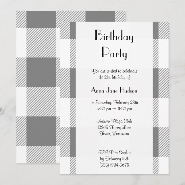 Invitation En vichy gris, Motif géométrique, fête d'anniversa (Devant / Derrière)