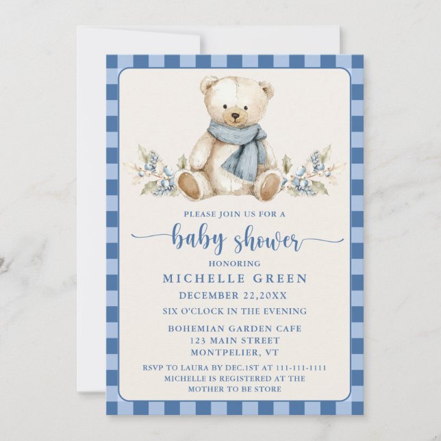 Invitation en vichy mignon Teddy Bear Baby shower beige (Devant)