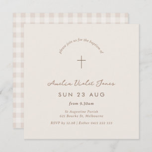 Invitation En vichy minimaliste Baptême Christening Carré Inv