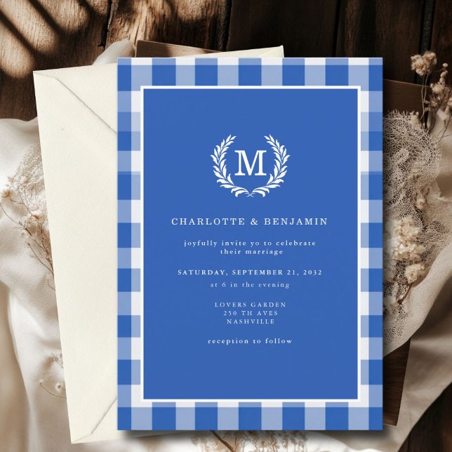Invitation En vichy monogramme bleu (Blue Gingham Monogram Crest Invitation. Print & Instant Download.)