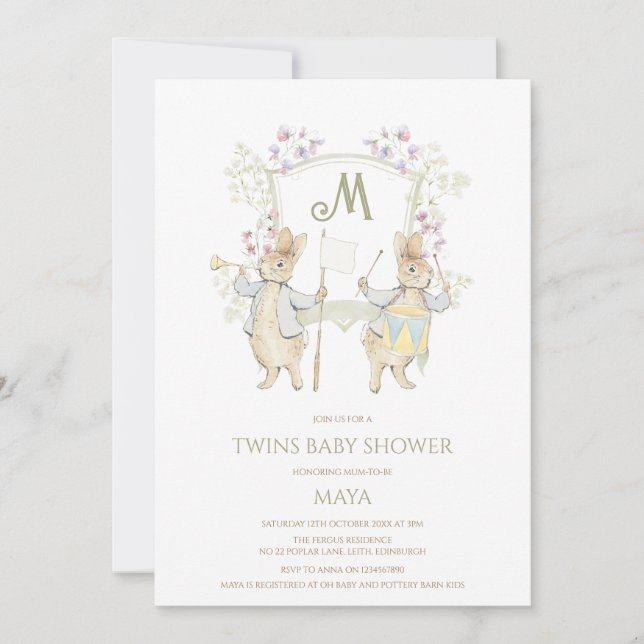 Invitation en vichy Peter le Baby shower lapin Crest Twins (Devant)