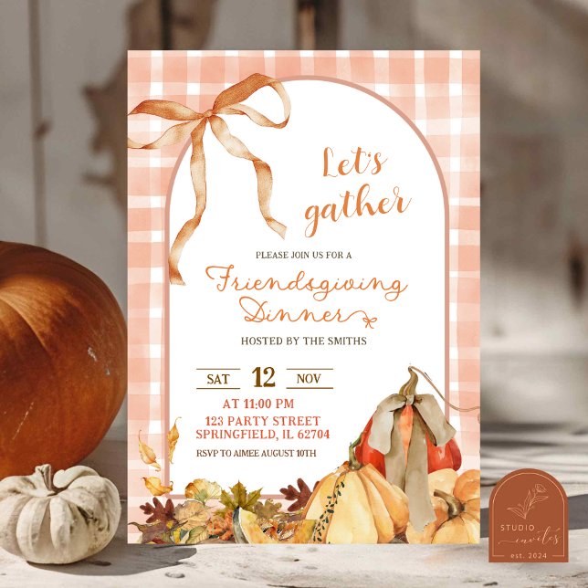 Invitation En vichy rapide Plaid Friendsgiving Bow Citrouille (Créateur téléchargé)