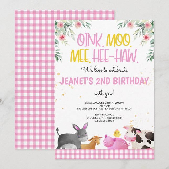 Invitation En vichy Rose Animaux de ferme Filles Anniversaire (Devant / Derrière)