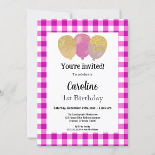 Invitation En vichy rose, Ballons de fête 1er anniversaire