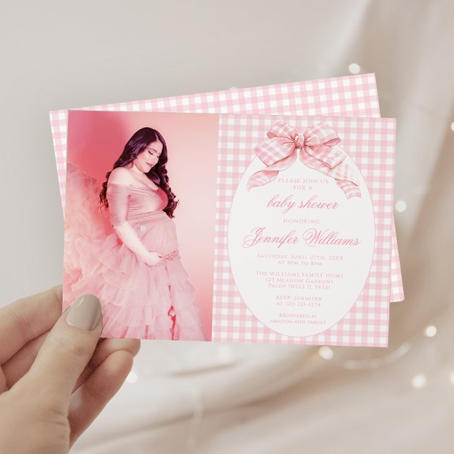 Invitation En vichy rose Coquette Bow Baby Girl Douche Photo (Créateur téléchargé)