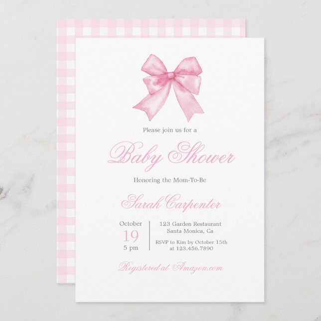 Invitation En vichy rose et Baby shower de la corneille (Devant / Derrière)