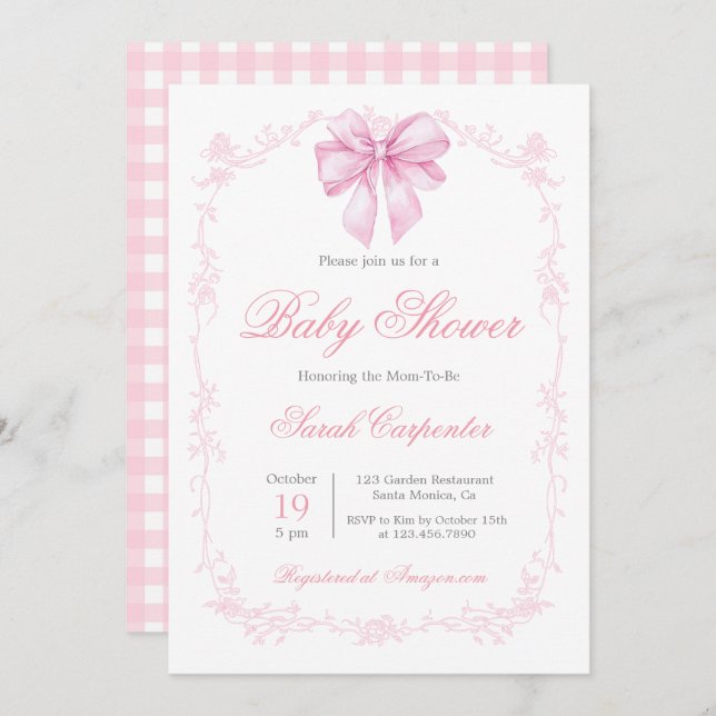 Invitation En vichy rose et Baby shower de la corneille (Devant / Derrière)