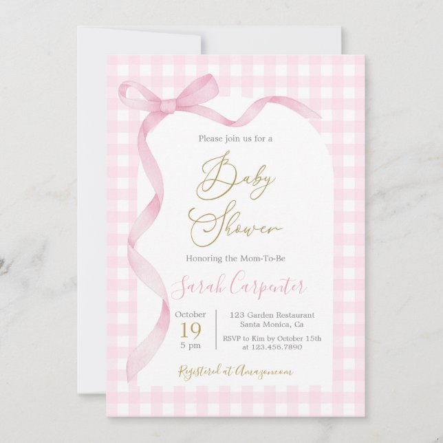Invitation En vichy rose et Baby shower de la corneille (Devant)