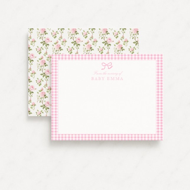 Invitation En vichy rose et Rose Floral Babal Note Card (Créateur téléchargé)