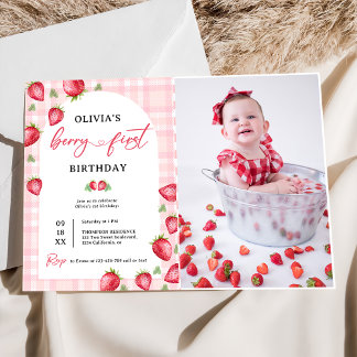 Invitation En vichy rose fraise 1er anniversaire Photo