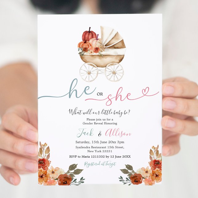 Invitation En vichy rose Lui ou Elle Citrouille bleu Révélati (Créateur téléchargé)