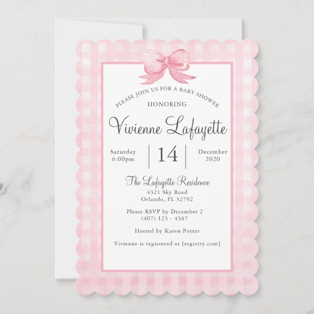 Invitation En vichy rose mignonne avec Baby shower de la cors (Devant)