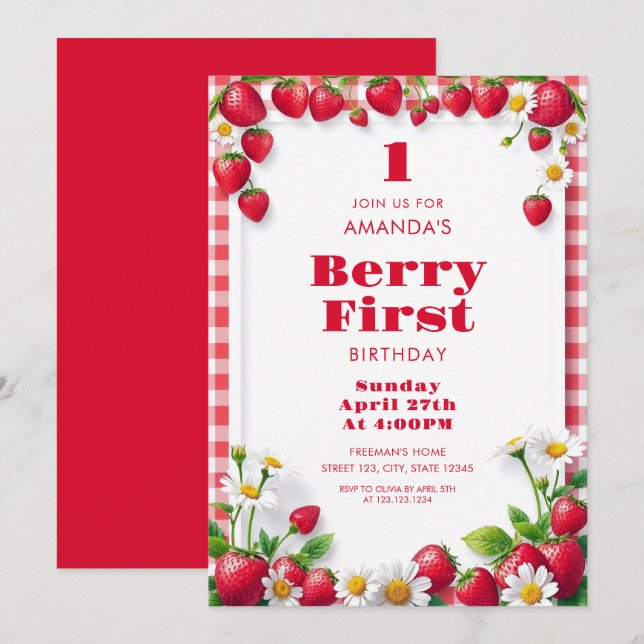 Invitation En vichy rouge avec fraises Bébé Fille Anniversair (Devant / Derrière)