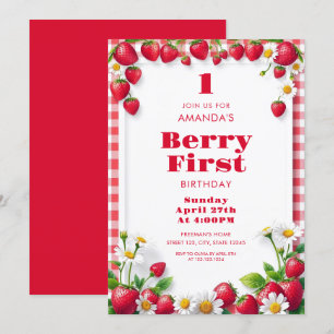 Invitation En vichy rouge avec fraises Bébé Fille Anniversair