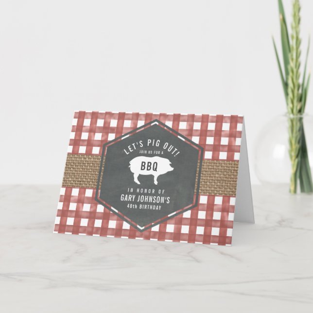 Invitation En vichy rouge Cochon Burlap Anniversaire Bbq (Devant)