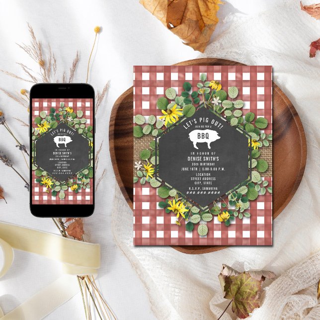 Invitation En vichy rouge Cochon Burlap Floral Anniversaire B (Créateur téléchargé)