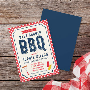 Invitation En vichy rouge et Baby shower bleu barbecue