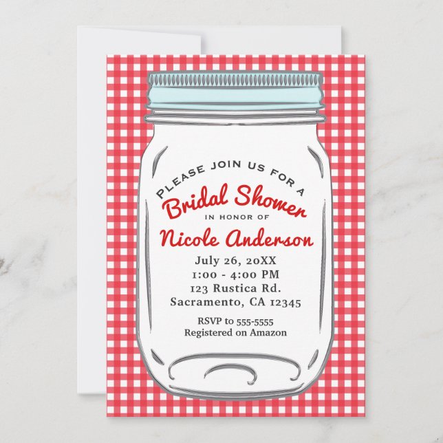 Invitation En vichy rouge et bleu Mason Jar rustique Pays (Devant)