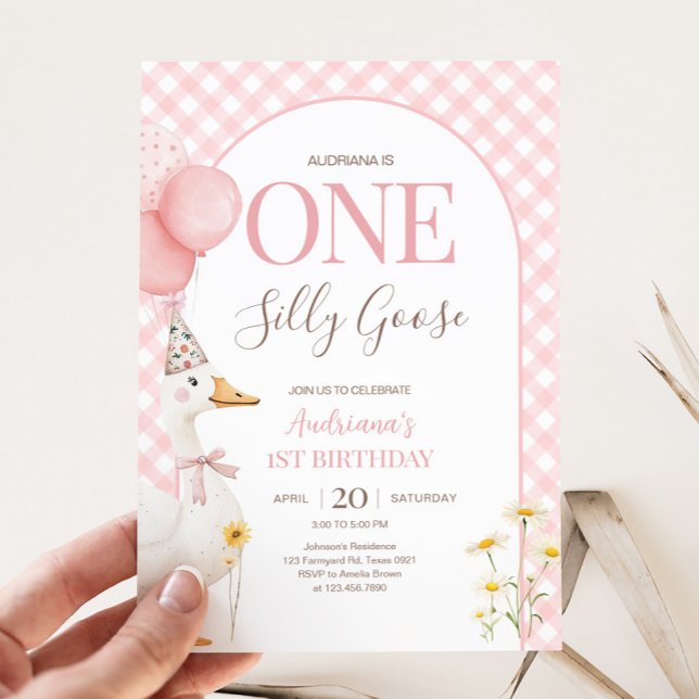 Invitation en vichy Soie d'Oie (Pink Gingham Silly Goose Birthday Party Invitation)