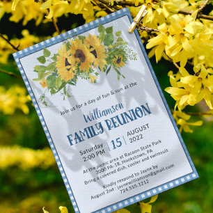 Invitation en vichy tournesols Réunion familiale rustique