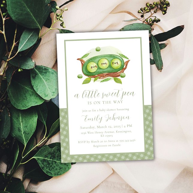 Invitation en vichy Vert Pois Doux Dans Baby shower Pod (Gingham Greenery Sweet Pea In Pod Baby Shower Invitation)