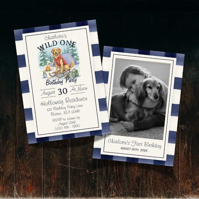 Invitation en vichy Wild One Golden Retriever 1er anniversair (Celebrate your wild one’s special day with this Gingham Wild One Golden Retriever 1st Birthday!)