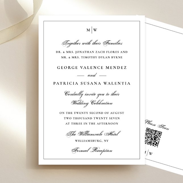 Invitation encadré | Elegant Monogram White QR code Mariage (Créateur téléchargé)