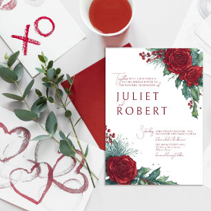 Invitation Enchantant Roses Holly Berry Ivy Mariage de Noël