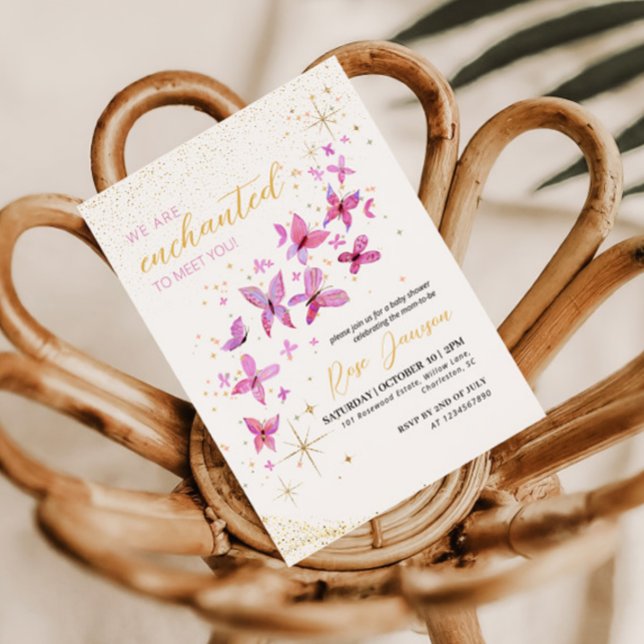 Invitation Enchanté de vous rencontrer Baby Shower Papillon (Magical pink and gold glitter baby shower invitation design for our mom to be and her little girl)