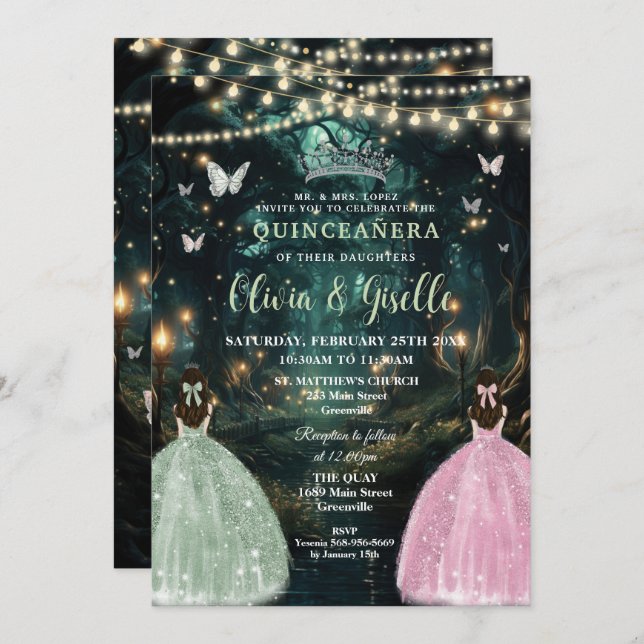 Invitation Enchanté Forêt Sage Vert Rose Jumeaux Quinceañera (Devant / Derrière)