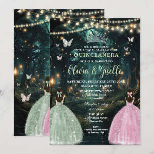 Invitation Enchanté Forêt Sage Vert Rose Jumeaux Quinceañera