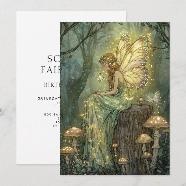 Invitation Enchanted Fairy First Birthday Forest Mushrooms (Devant / Derrière)
