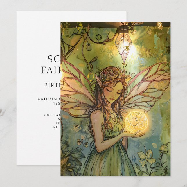 Invitation Enchanted Forest Fairy Fairy First Birthday (Devant / Derrière)