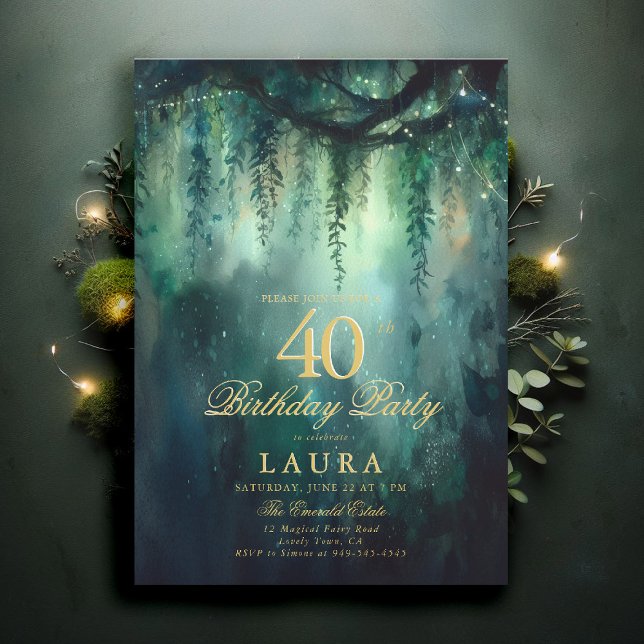 Invitation Enchanted Forest Fairy Gold Greenery 40th Birthday (40th birthday invite for women enchanted forest garden greenery foliage emerald gold woodland fairy)