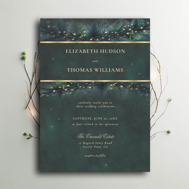 Invitation Enchanted Forest Garland Fairytale Gold Mariage (enchanted forest wedding invitation emerald gold frame garland typography modern classic)