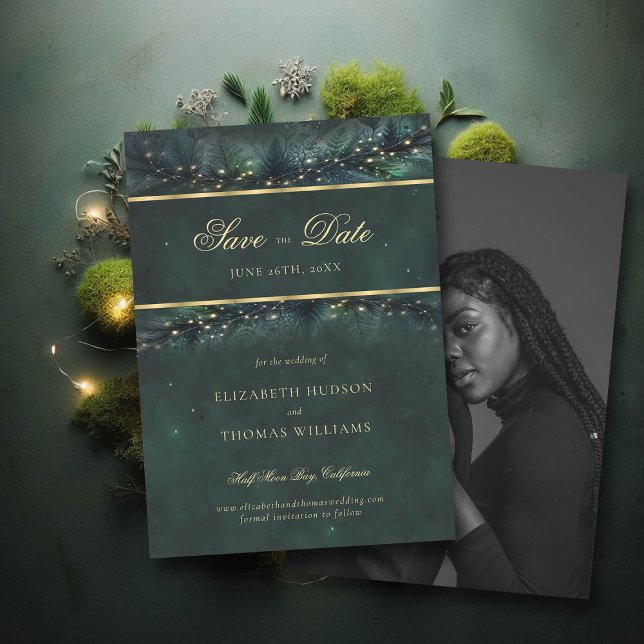 Invitation Enchanted Forest Gold Photo Wedding Enregistrer la (wedding save the date enchanted forest fairytale magical fairy lights gold calligraphy)