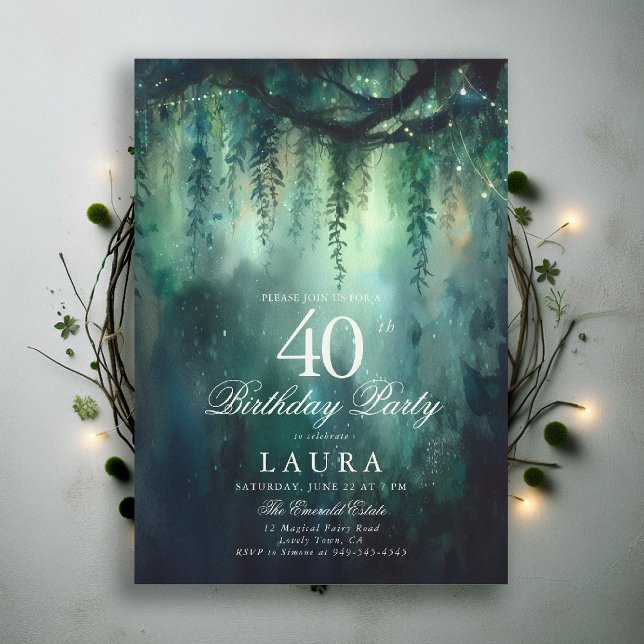 Invitation Enchanted Forest Greenery Fairy 40th Birthday (40th birthday invite for women enchanted forest garden greenery foliage emerald green woodland fairy)