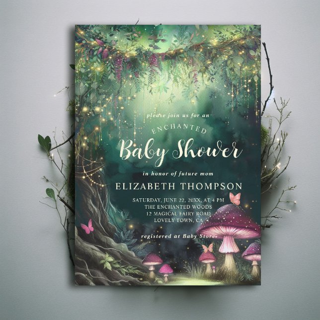 Invitation Enchanted Forest Mushrooms Grove Magic Baby Shower (enchanted forest baby shower theme invitation mushrooms butterflies emerald green pink woodland chic)