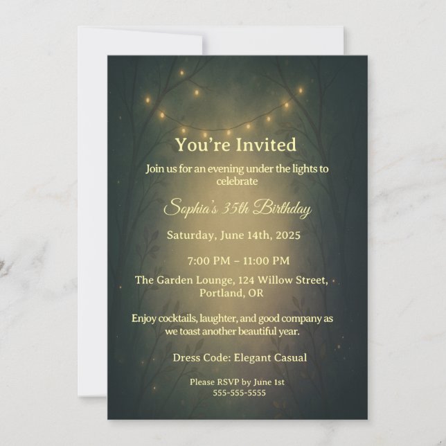 Invitation Enchanted Forest String Lights Adult Birthday  (Devant)