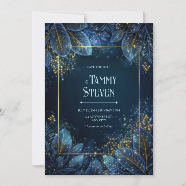 Invitation Enchanted Midnight Gold Leaf Forest Wedding (Devant)