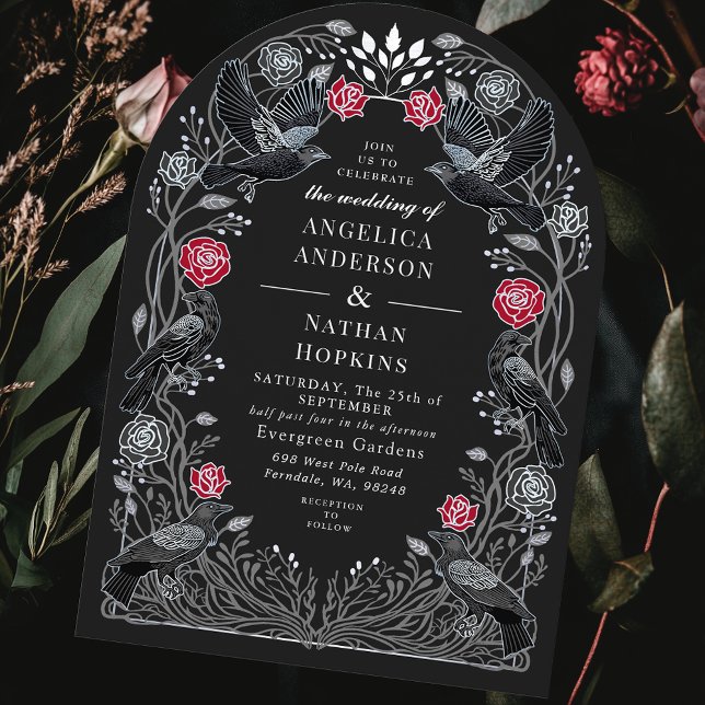 Invitation Enchanted Raven Red Black Roses Gothic Wedding Ach (Créateur téléchargé)