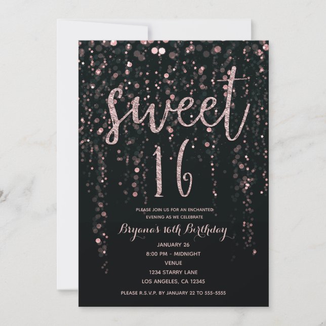 Invitation Enchanted Star Lights Rose Gold Blush Douce 16 En (Devant)
