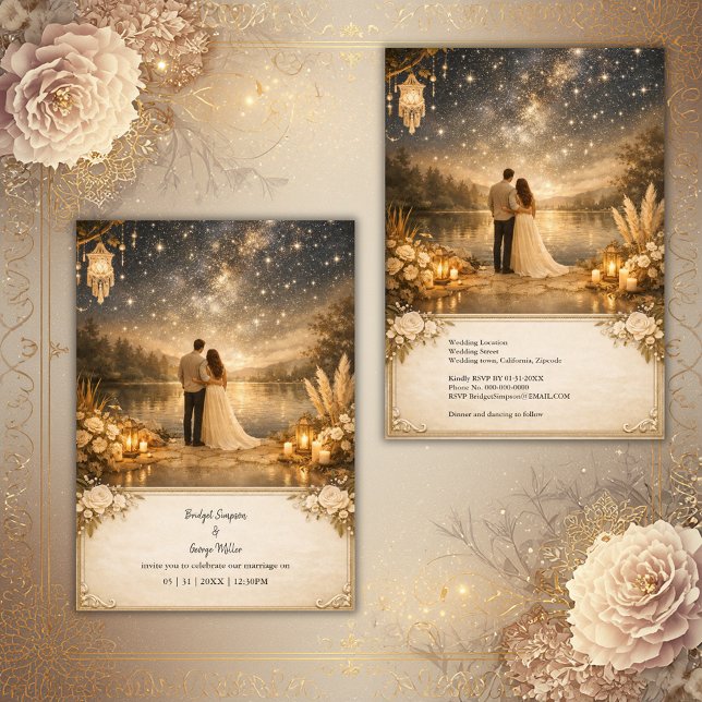 Invitation Enchanted Starry Night Lake blue & gold Wedding (Créateur téléchargé)
