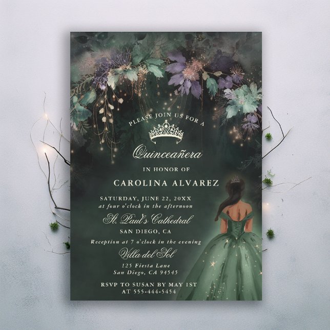 Invitation Enchantée Forêt Arche Vert Quinceanera (enchanted forest quinceanera invitation watercolor princess dress dark emerald hunter green woodland)