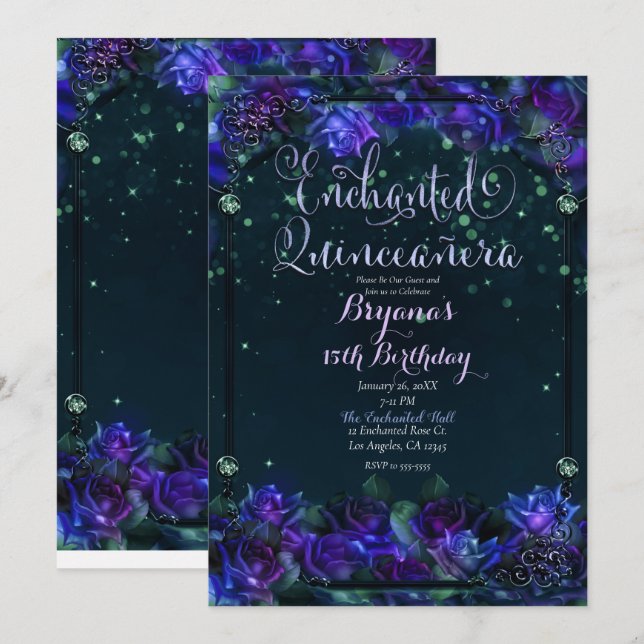 Invitation Enchantée Purple Green Garden Glow 15 Quinceañera (Devant / Derrière)