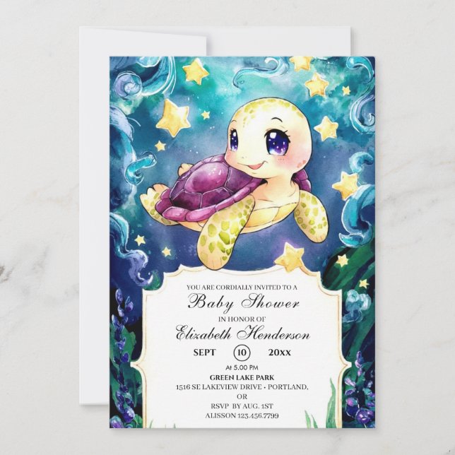 Invitation Enchantée sous le Baby shower de tortue de mer (Devant)