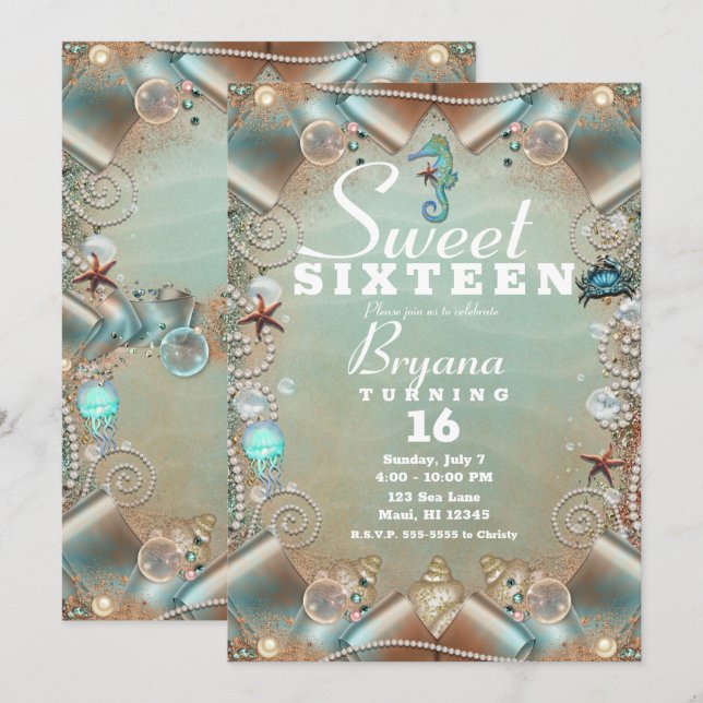 Invitation Enchantée Sous Les Perles De Mer & Ribbon Sweet 16 (Devant / Derrière)